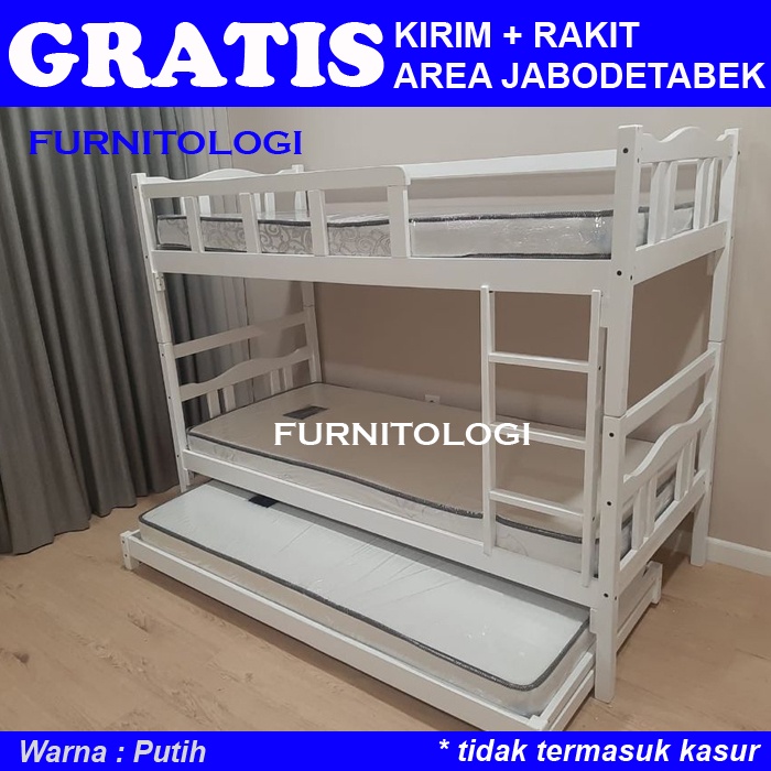 Tempat Tidur Tingkat 100x200 Sorongan Kayu Ranjang 3 Tingkat Putih Dipan Susun Kayu