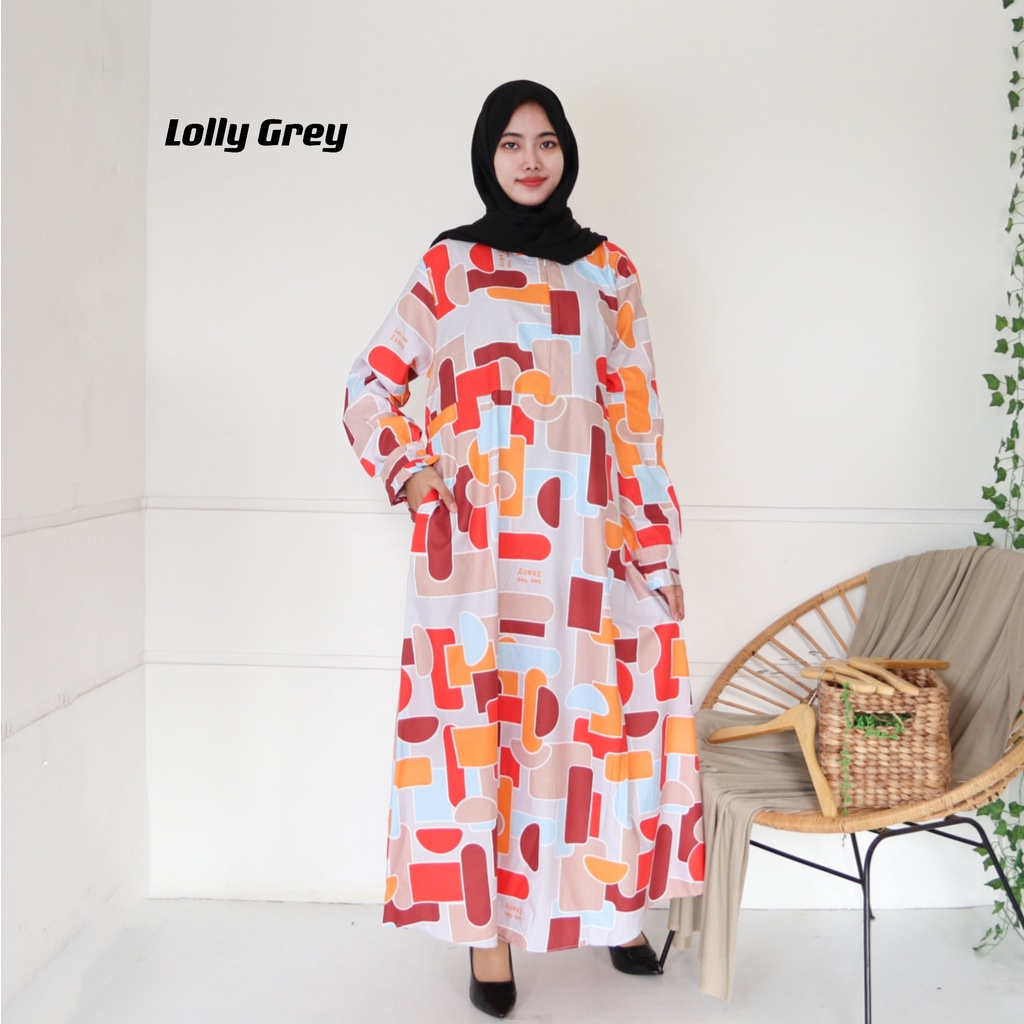 IZANY GAMIS / Dress Muslim XXL Jumbo Lengan Kancing Banyak Motif-LOLLY GREY