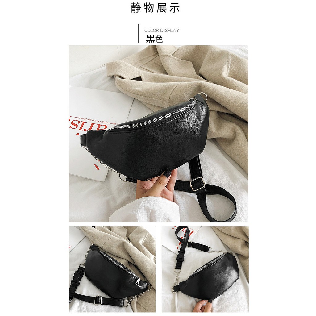 TM-34 tas sling bag pinggang rantai wanita import korea jepang kulit pu leather