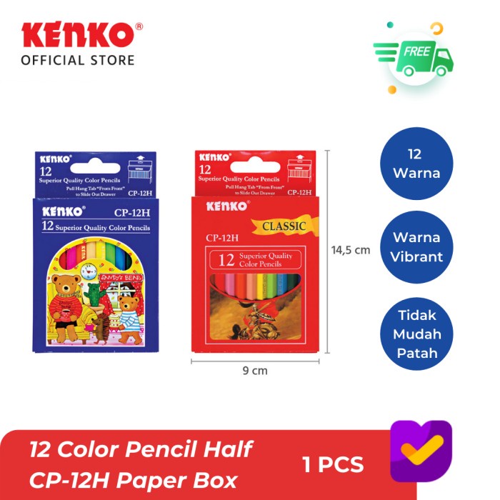 

WARNAPENSIL- KENKO 12 COLOR PENCIL CP-12 HALF PAPER BOX CLASSIC/FANCY -PENSIL WARNA