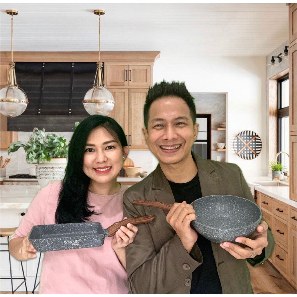 SOXOO Cookware Grey Marble Kuali Frypan Wajan Penggorengan Wok Pan Sauce pan Induksi Listrik Gas Rea