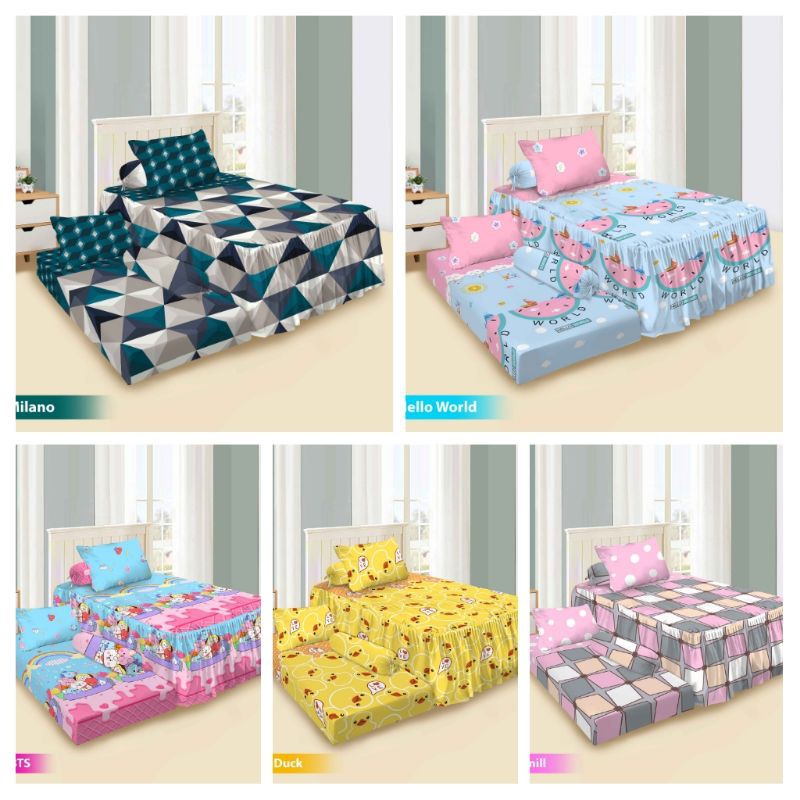 SPREI DUO SORONG 2 IN 1 VITO UK 120X200 MILANO, HELLO WORLD, CHIBI, YELLOW DUCK, WINDMILL