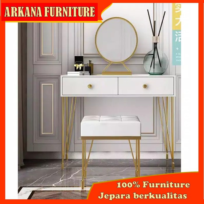 Set Tolet Meja Rias Make Up dandan Kosmetik Putih Minimalis Murah Estetik 2 Laci Sliding Jepara