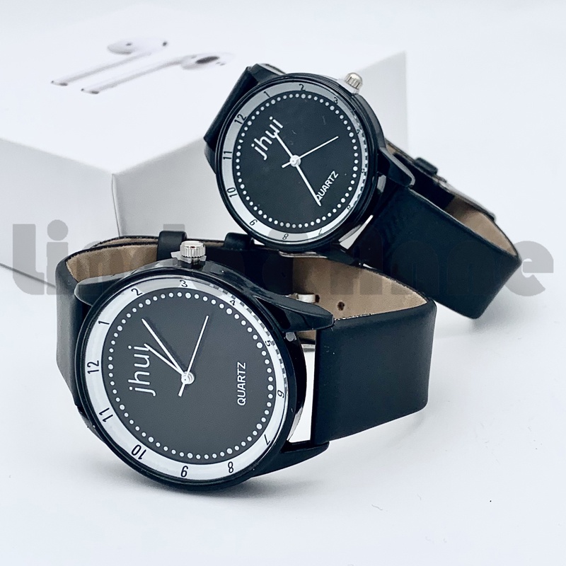 Jam Tangan Jhui Analog Quartz Pria Dan Wanita Strap Pu Hitam Casual Import