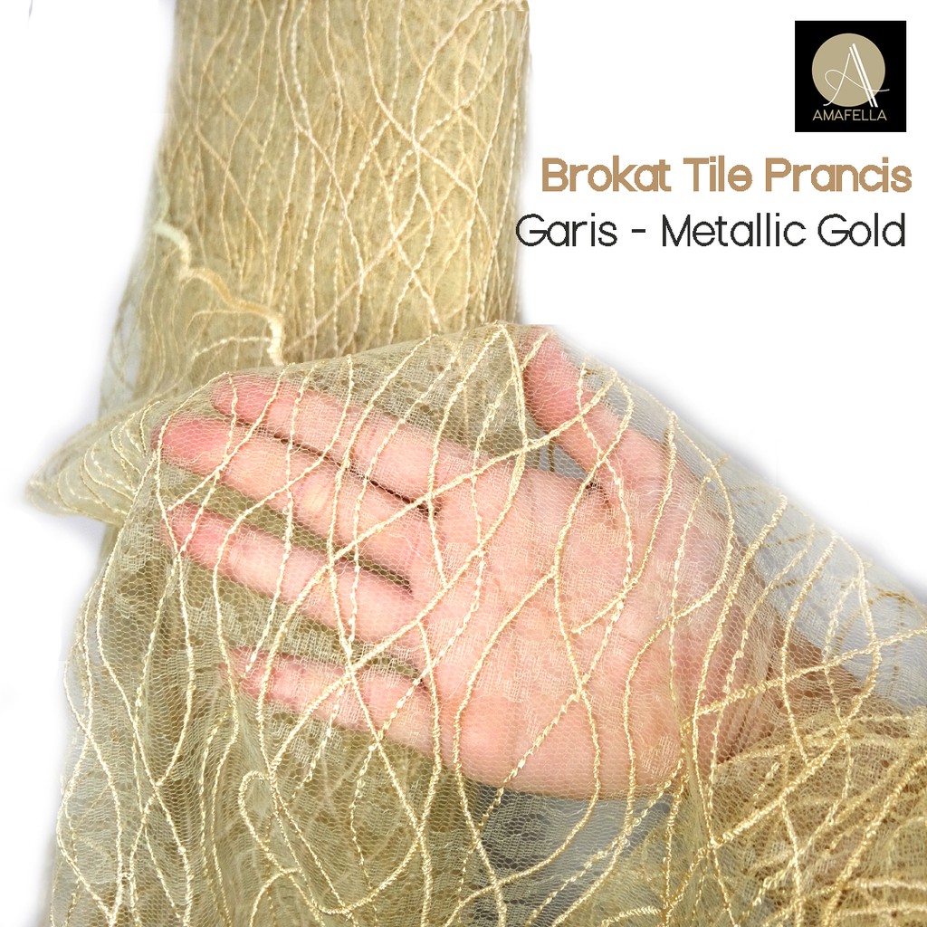 1/2 meter Kain Brokat Tile Prancis Bahan Kebaya Motif Garis Warna Metallic Gold