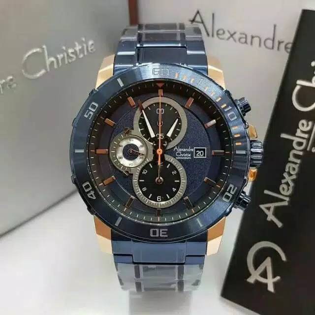 Jam Tangan Alexandre Christie AC 6437 MC Rantai Blue Rosegold Pria / Cowok Original