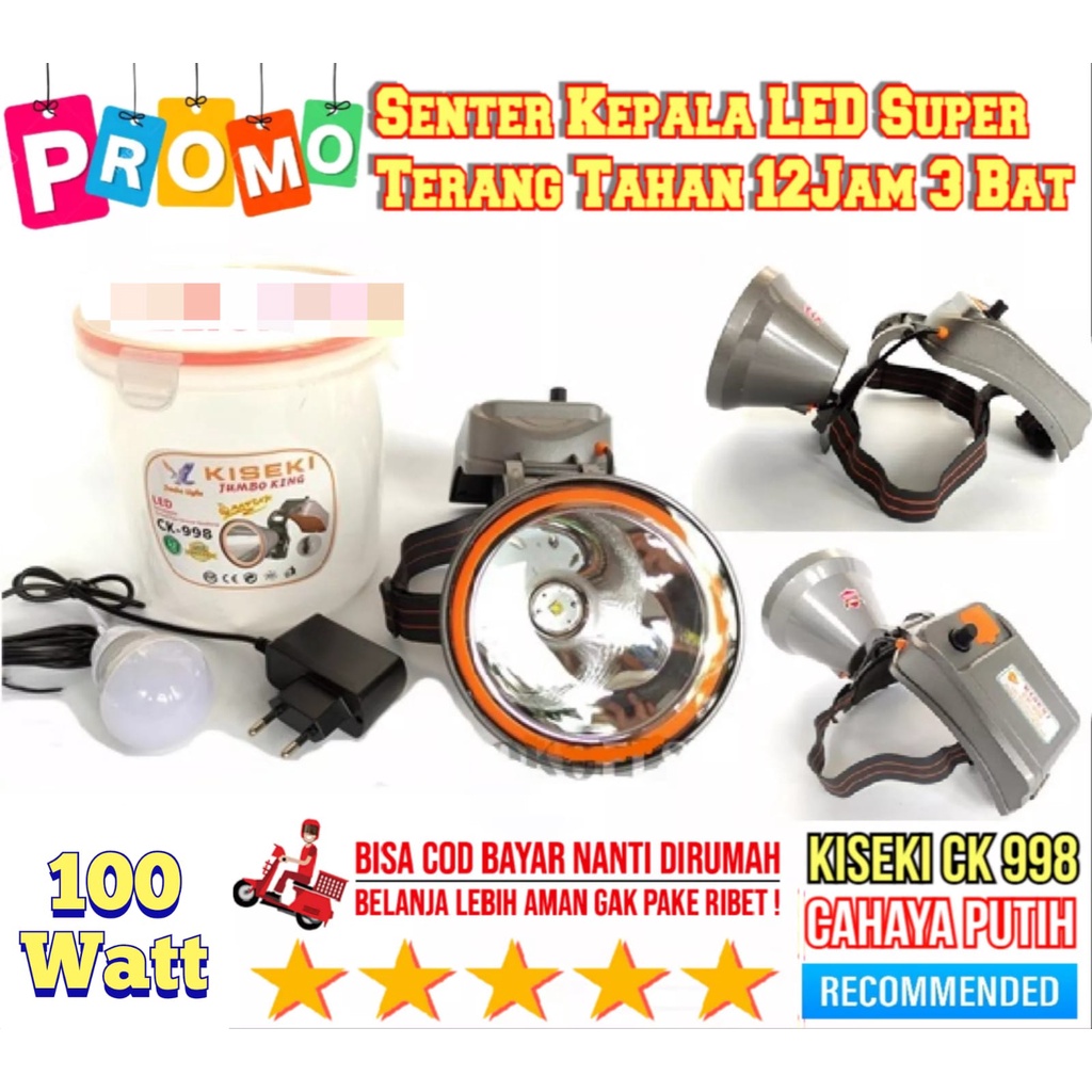 COD~Senter Kepala LED Super Terang Kiseki CK-998 Jumbo King Senter Kepala Gratis Bohlam LED Senter Kepala Cas Super Terang LED Rechargeable Double Switches Headlamp Waterproof