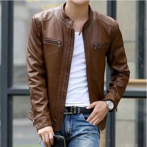 Premium Jaket Kulit Pria Coklat Jaket Cowok Terlaris Simpel Motoran Trend Line Fashion vector