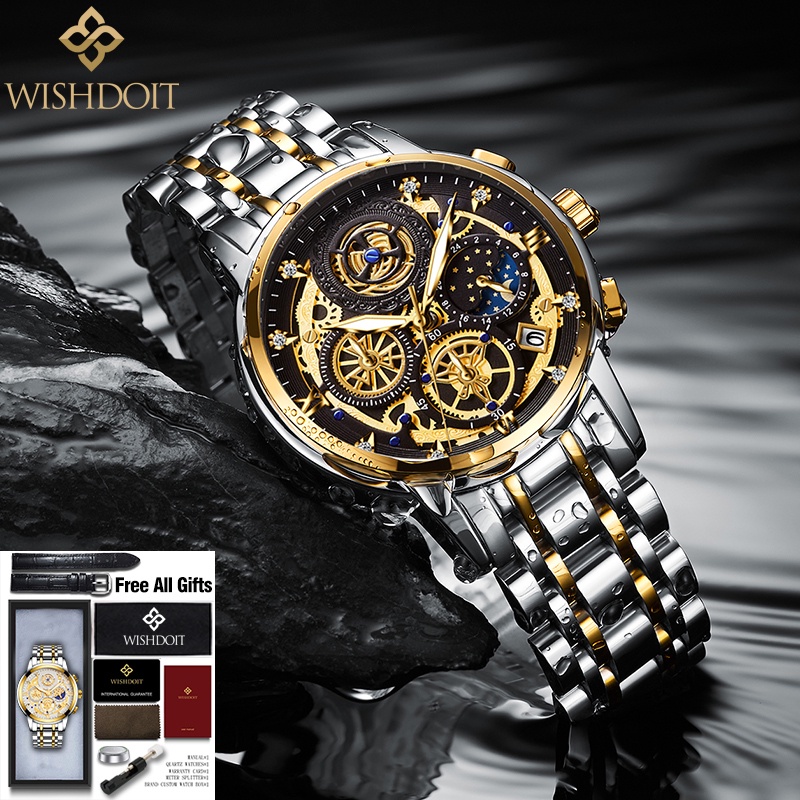 WISHDOIT Jam Tangan Pria Original Tahan Anti Air Laki Laki Lelaki Terbaru Keren Jam Tangan Cowok Besi Tahan Karat Silver/Hitam Luxury Men Watch Waterproof Stainless Steel Fashion Analog Sun/Moon/Stars Multifunction Chronograph Mechanical [Real Three Eyes]-Golden Black