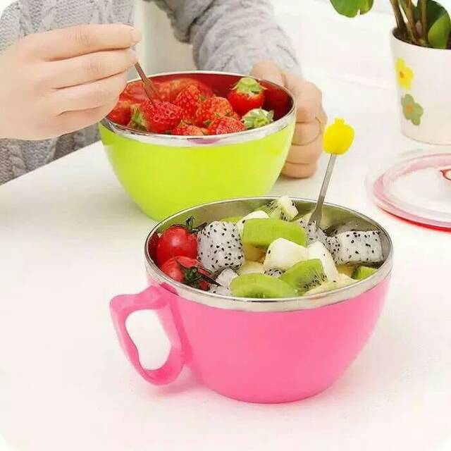 Cangkir mangkok stainless gagang/fresh bowl/tempat makan kedap