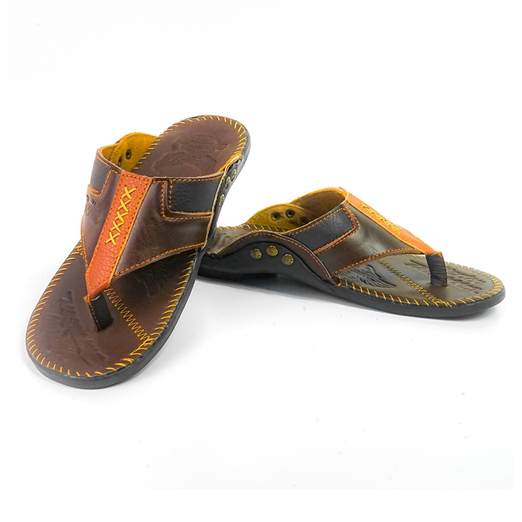 Sandal Kulit Asli - Sandal Kulit Pria Harley Davidson - Sandal Casual - Sandal Selop REMPEL TAN