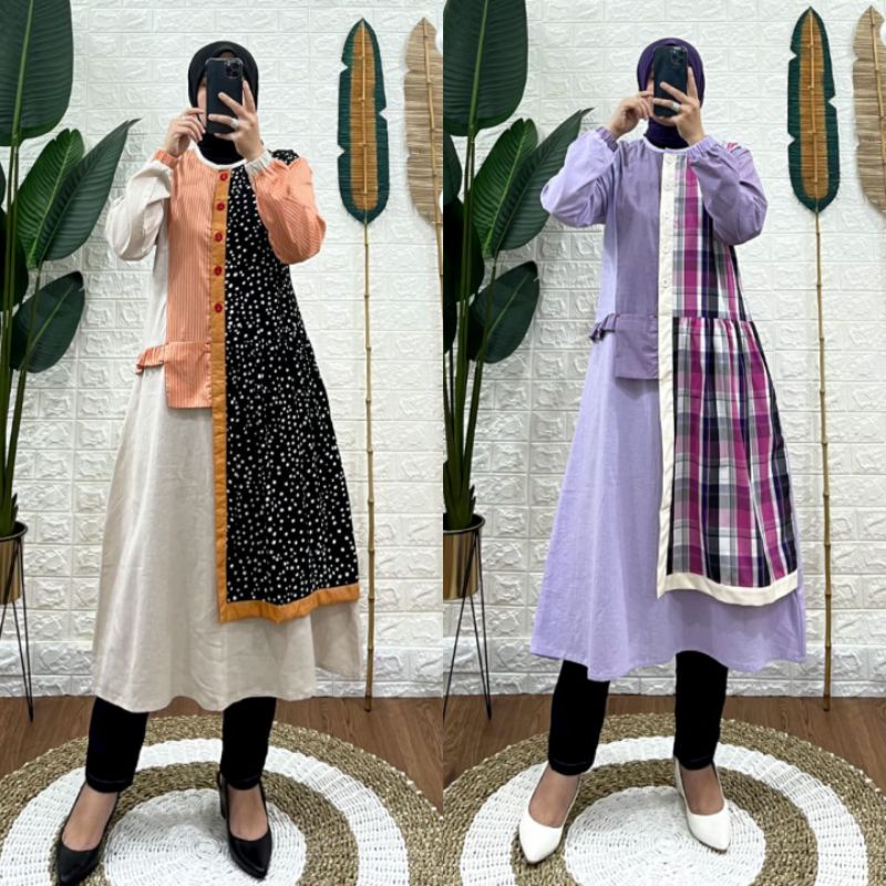 Long tunic kombinasi syaina by semut / midi dress semut original brand premium