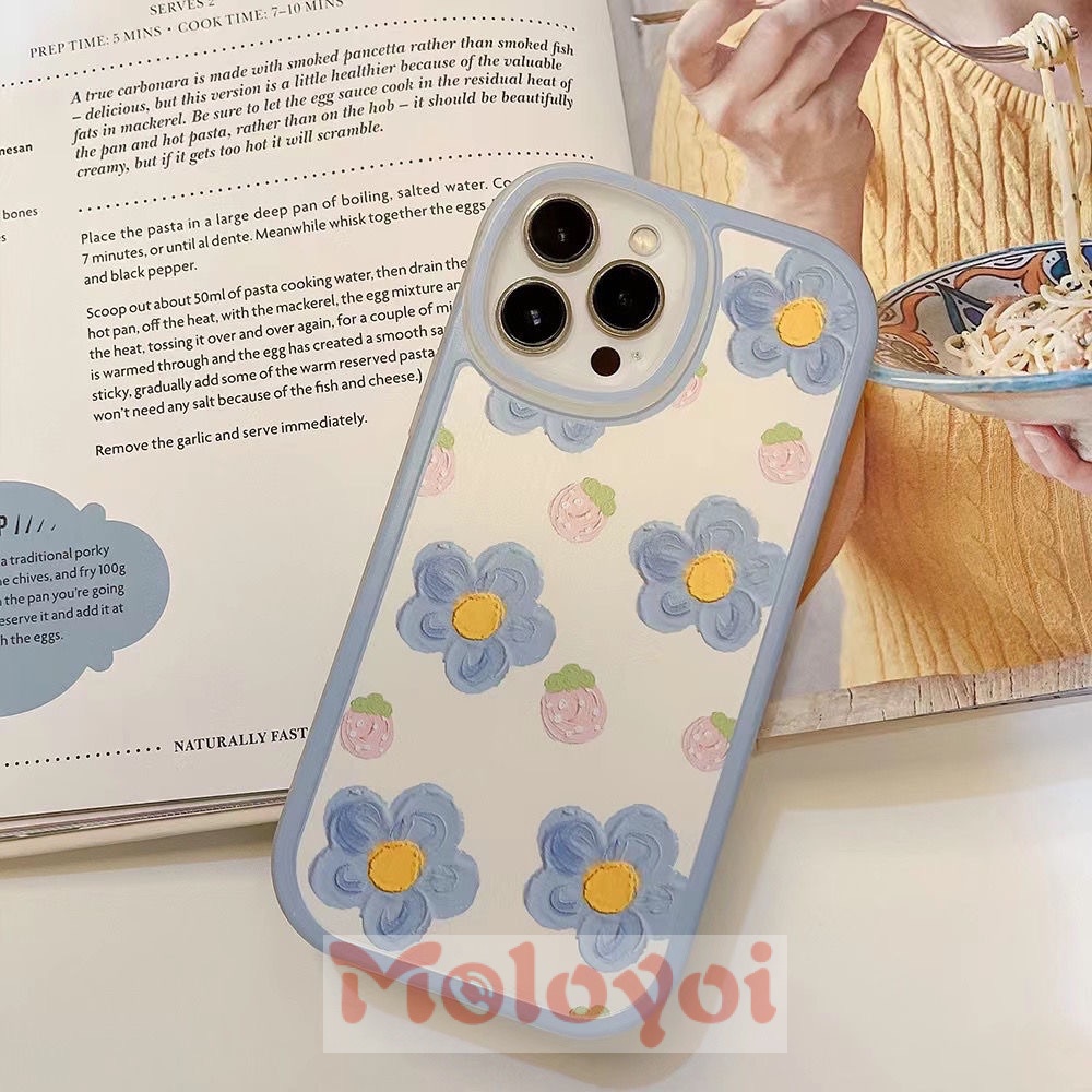 Oil Painting Blue Flowers Pink Strawberry Phone Case Compatible for IPhone 7 8 6 6s Plus 11 12 13 Pro Max X XR XS Max SE 2020 Shockproof Soft Back Cover