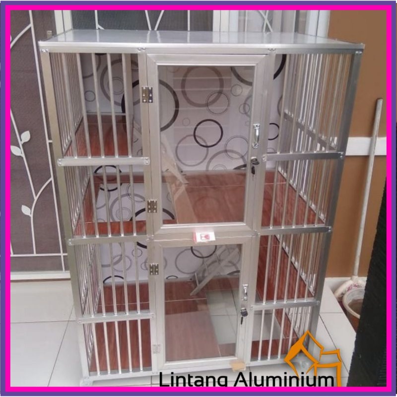 Kandang Kucing Aluminium 2 tingkat // Pintu Kaca // Alas Keramik