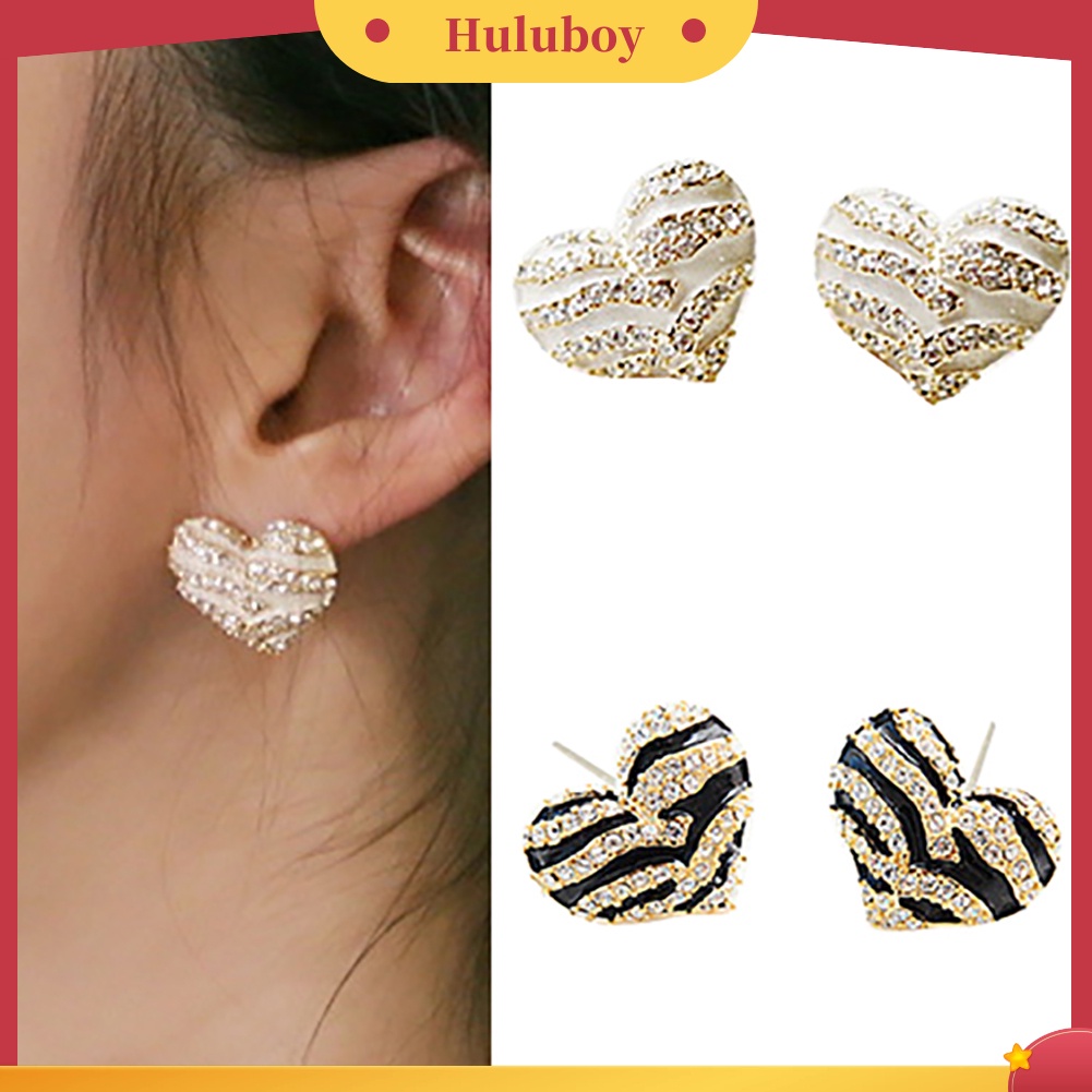 Hu Hu Hu Hu Hu Alat Bantu Pasang Kacamata♡ Anting Tusuk Bentuk Hati Motif Zebra Hias Kristal / Berlian Imitasi Untuk Wanita