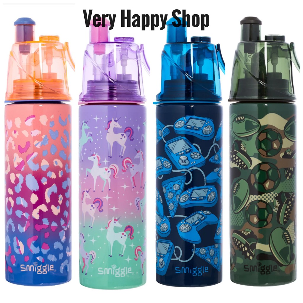 Smiggle Spritz Stainless Steel Drink Bottle botol minum unicorn kuda poni spray semprot car bola ori