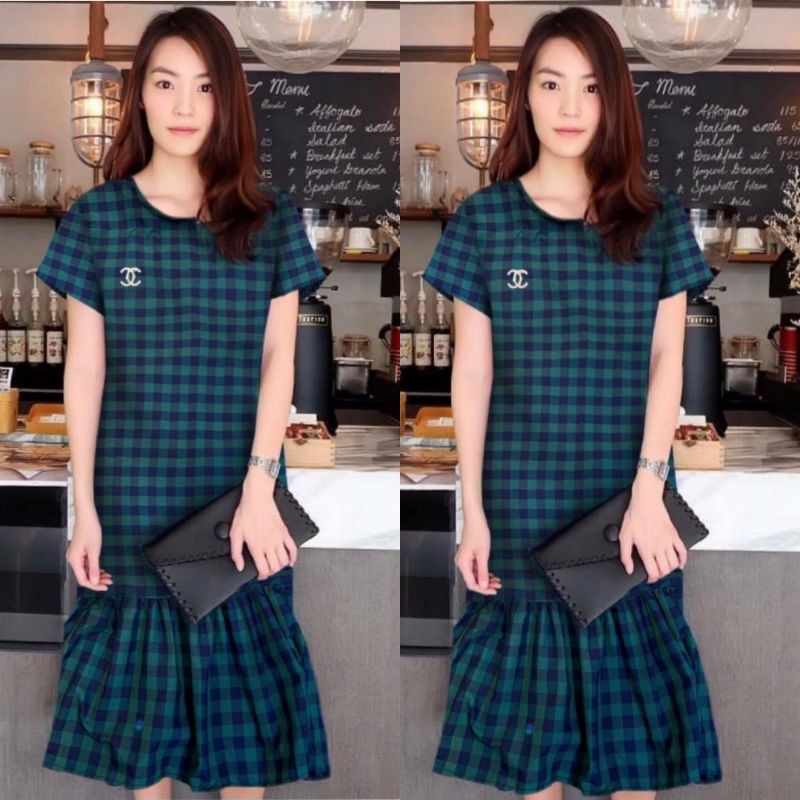 Baru Murah SQUARE CH Dress Daily Outfit Rempel Lengan Pendek - Home Dress Wanita Free Aksesoris Pin 