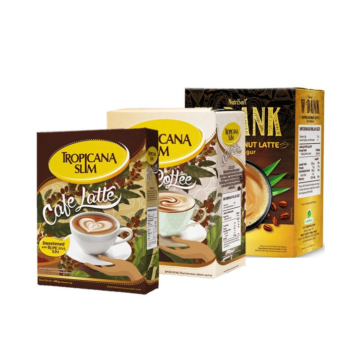 W'dank Kopi Bajigur 60 gr, Tropicana Slim Caffe-Latte 140 gr & Tropicana Slim White Coffee 80 gr
