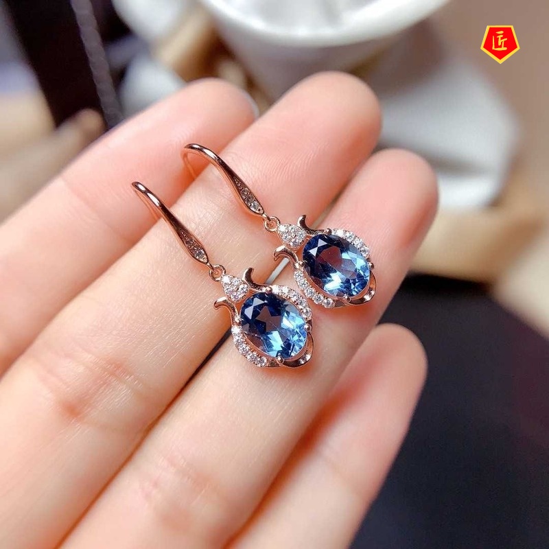 [Ready Stock]Natural Blue Topaz Earrings Female Pt950