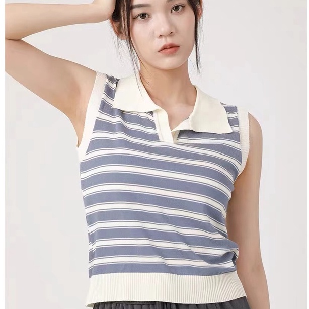 【Elegant】Striped Sleeveless Turn-down Collar Vest 7492