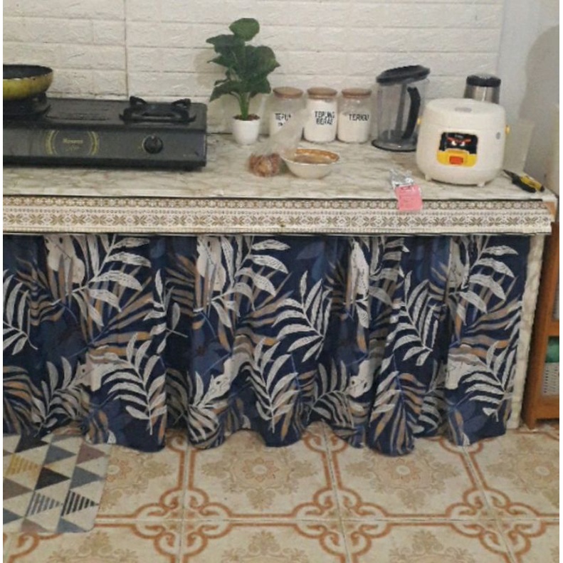 termurah gorden kolong dapur motif daun monstrea bellagio navy
