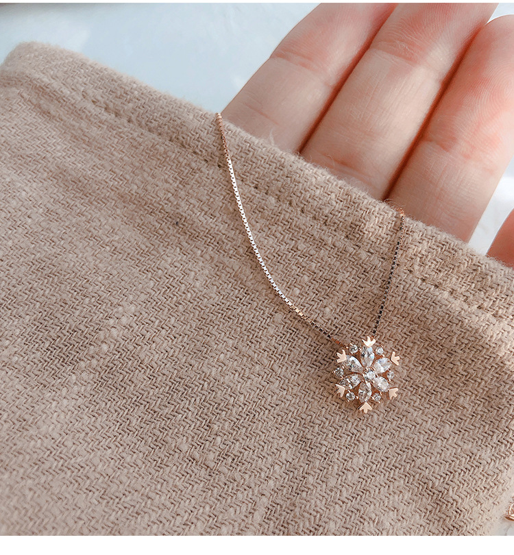 Kalung Rantai Sterling Silver 925 Rose Gold Hias Liontin Snowflake Glitter Untuk Wanita