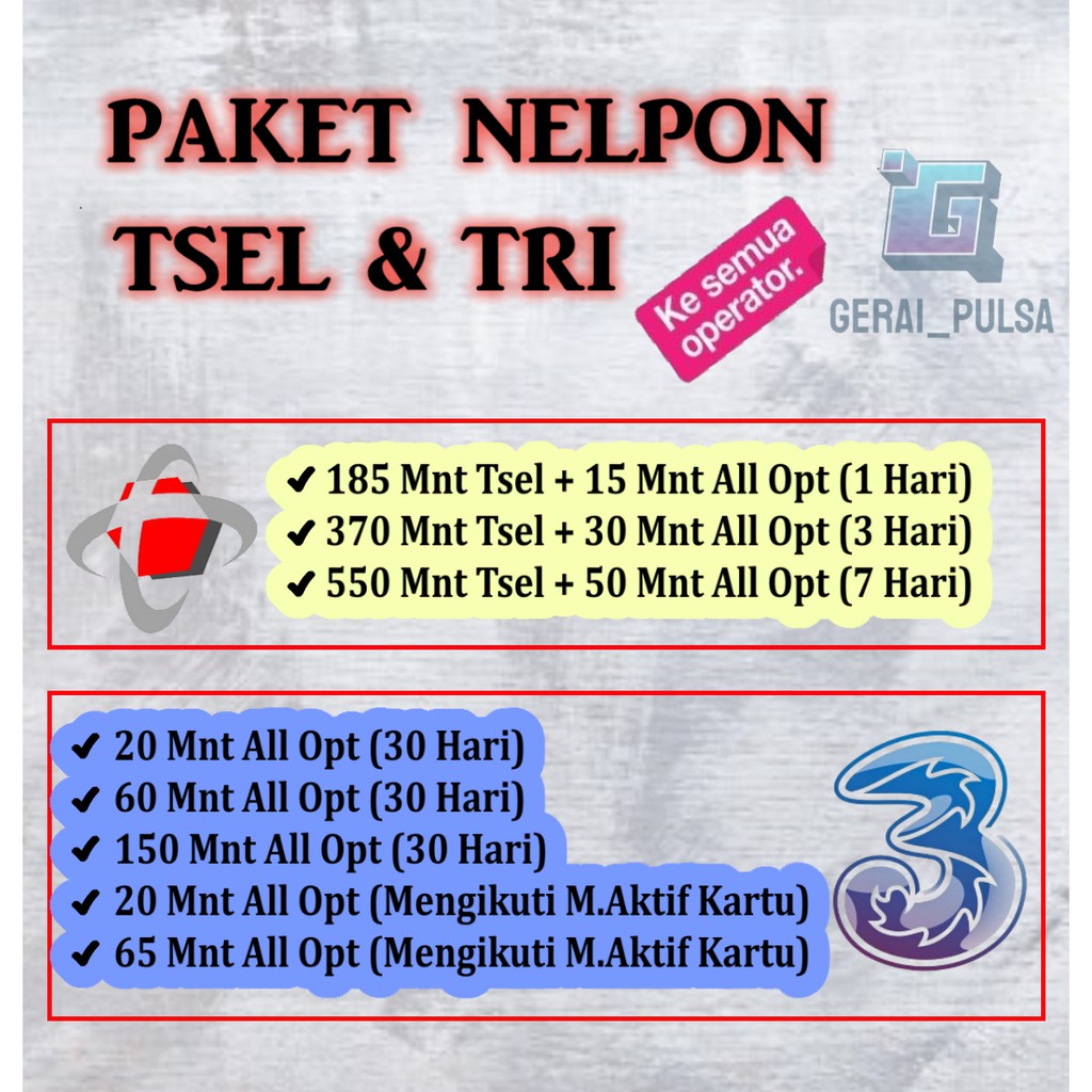 Paket Nelpon Tri Bebas Bicara 20 60 150 Menit Three Aon Telkomsel 200 300 600 Mnt All Operator