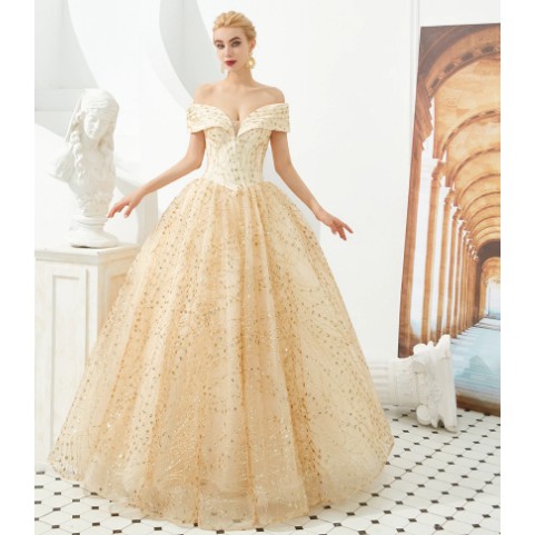 Gold Evening Dresses 2020 Sequin Bling Sparkle Off Shoulder Ball Gown Sweetheart