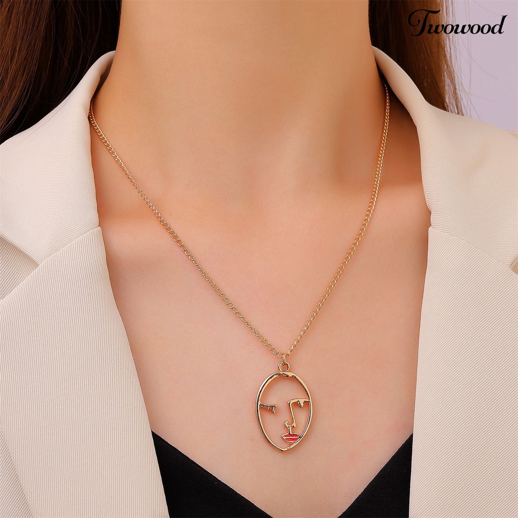 Twowood Hollow Abstract Face Pendant Clavicle Necklace Women Long Chain Sweater Necklace New Year Gift