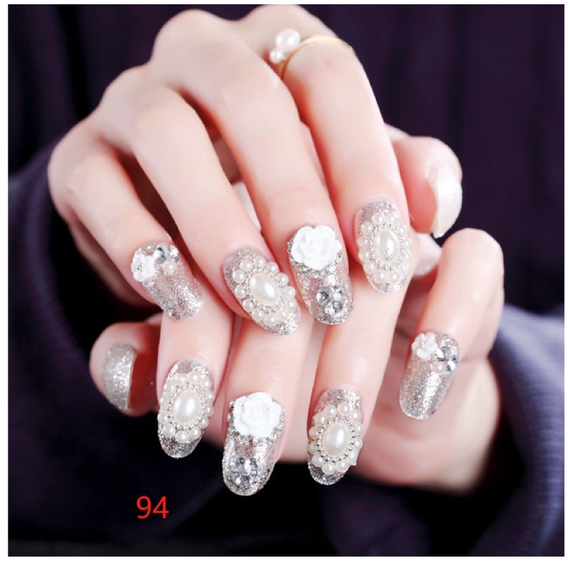 24PCS SILVER WEDDING FAKE NAILS KUKU PALSU PERNIKAHAN KUPAL PERKAWINAN RHINESTONE GLITTER FAKE NAILS