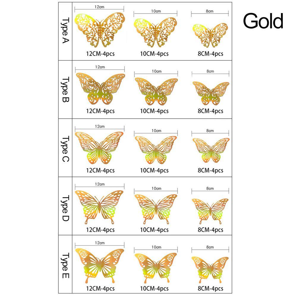 R-flower 12PCS/Set 3D Butterfly Stiker Hadiah Dekorasi Rumah Hiasan Kamar Anak Warna Warni Silver Gold