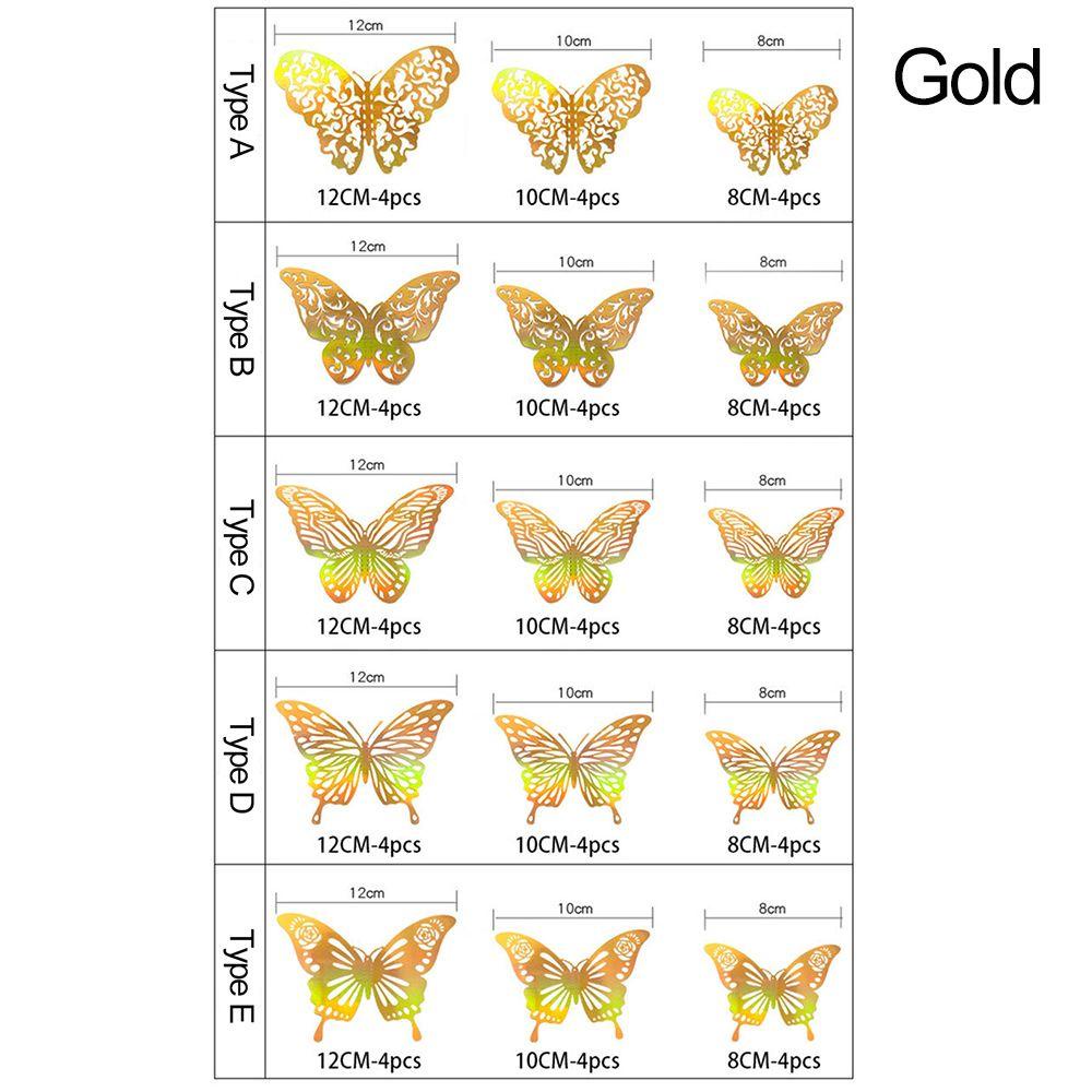 R-flower 12PCS/Set 3D Butterfly Stiker Hadiah Dekorasi Rumah Hiasan Kamar Anak Warna Warni Silver Gold