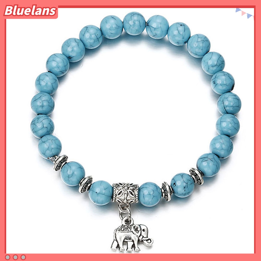 Bluelans Ethnic Women Elephant Charm Faux Turquoise Beaded Bracelet Elastic Bangle Gift