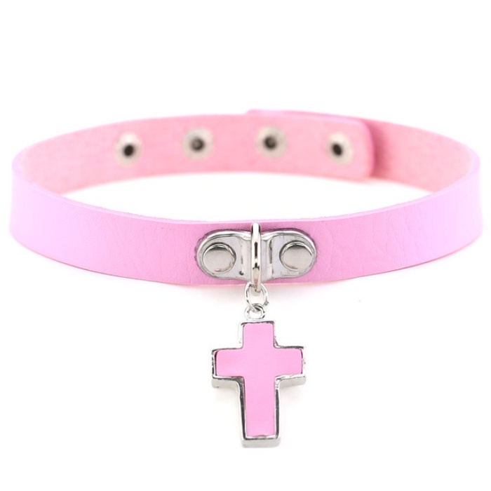 Kalung Choker Bahan Kulit PU Dengan Liontin Rumbai Warna Pink Gaya Punk Gothic Untuk Pria Dan Wanita