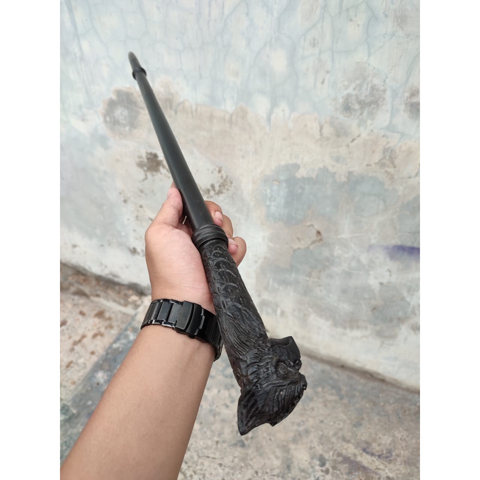 Tongkat Komando Kayu Kelor Hitam Ukir Burung Berkualitas