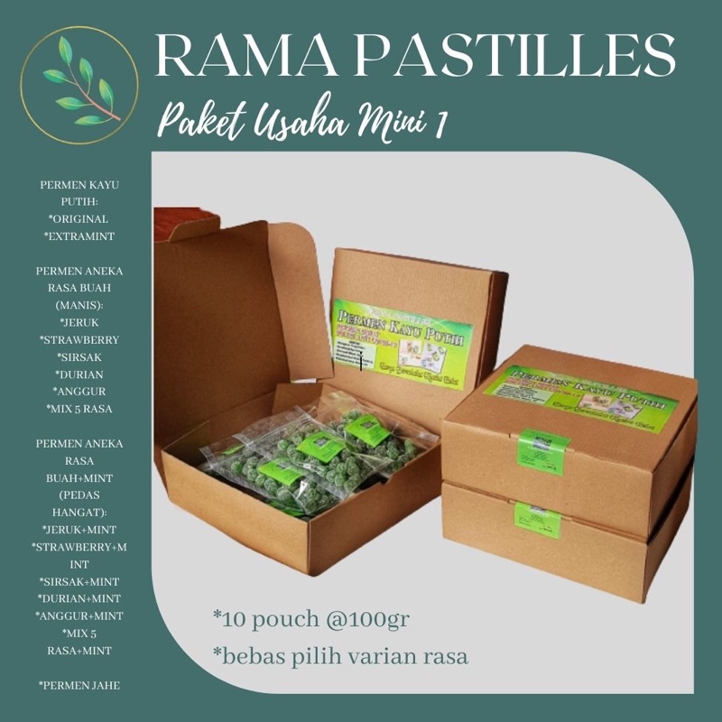 

Paket Hemat Kemasan Pouch 100 Gram isi 10 pcs Permen Herbal Kayu Putih Jahe Buah buahan Rama Pastilles