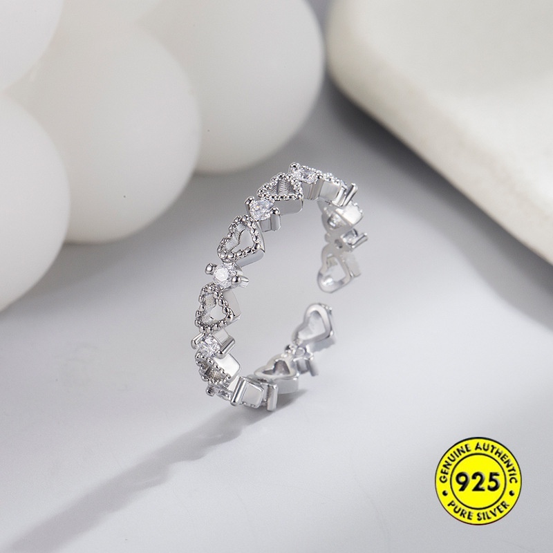 Cincin Model Terbuka Bahan Sterling Silver 925 Desain Hati Hollow Hias Berlian Untuk Wanita
