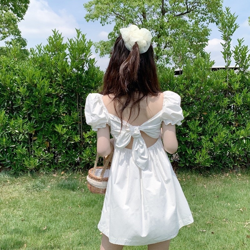 BKY - Korean White Ribbon Dress Puff Sleeves Off Shoulder - Rose