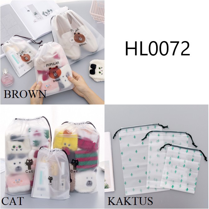 MOGYMOGY HL0072 Pouch Transparan Motif Karakter Tas Serut Travel Storage Bag Make Up Organizer Anti Air