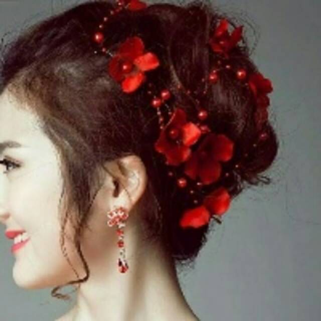 Aksesoris rambut mutiara bunga menjuntai untuk pesta HR325 @25.000