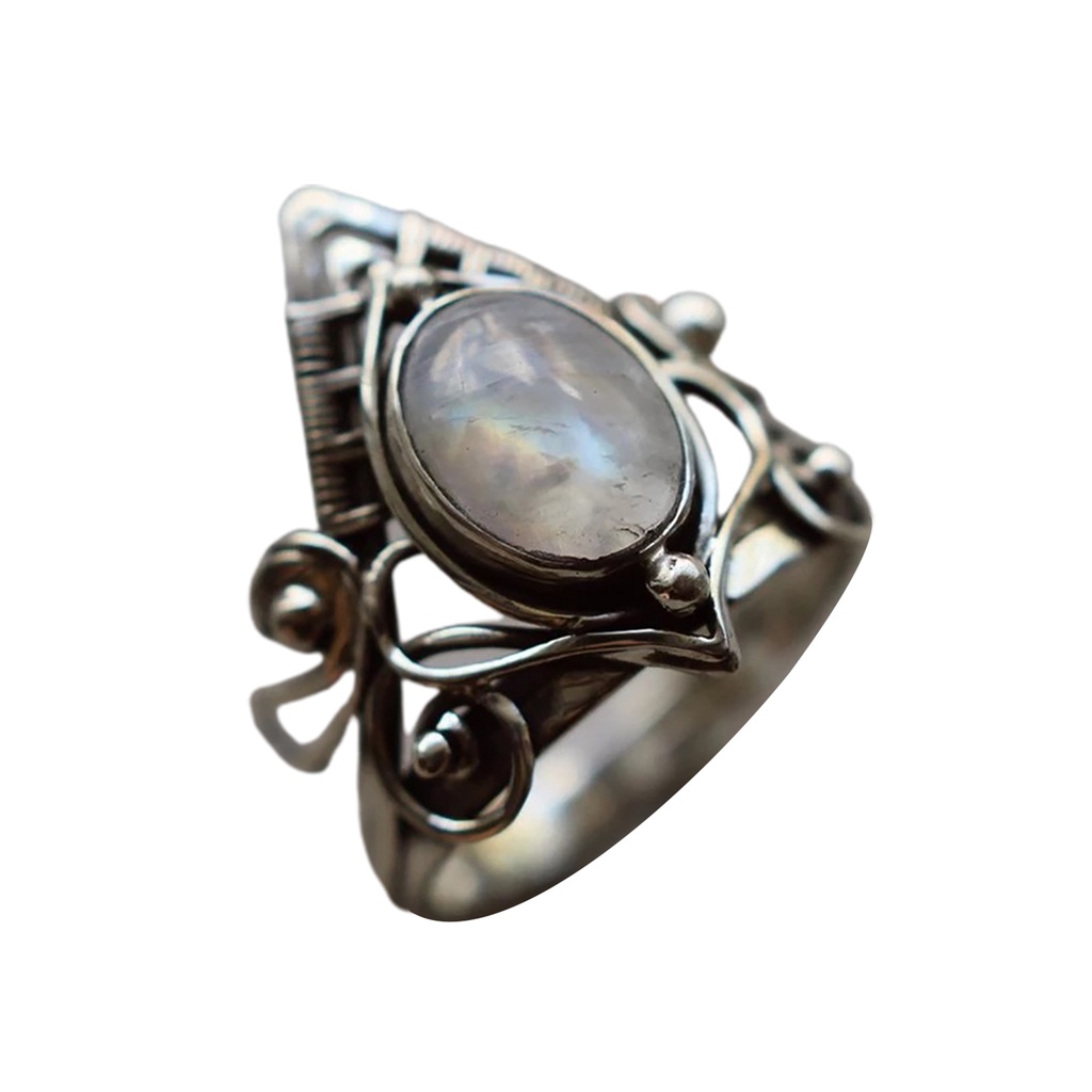 Hu Hu Hu Hu Hu Alat Bantu Pasang Kacamata♡ Cincin Model Hollow Aksen Batu Bulan Warna Silver Gaya Punk Untuk Wanita