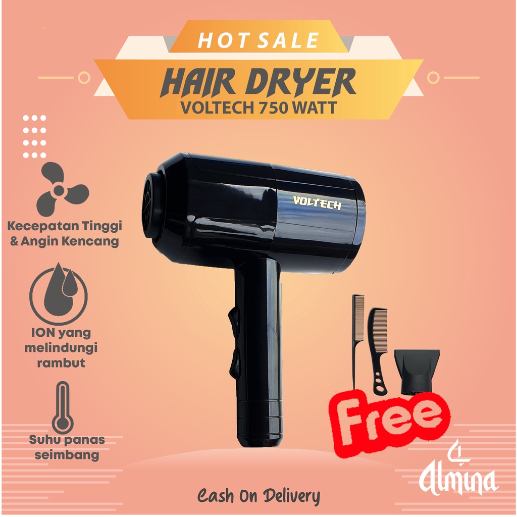 VOLTECH Hair Dryer 850 W / 750 W Pengering Rambut HairDryer Ionik Almina