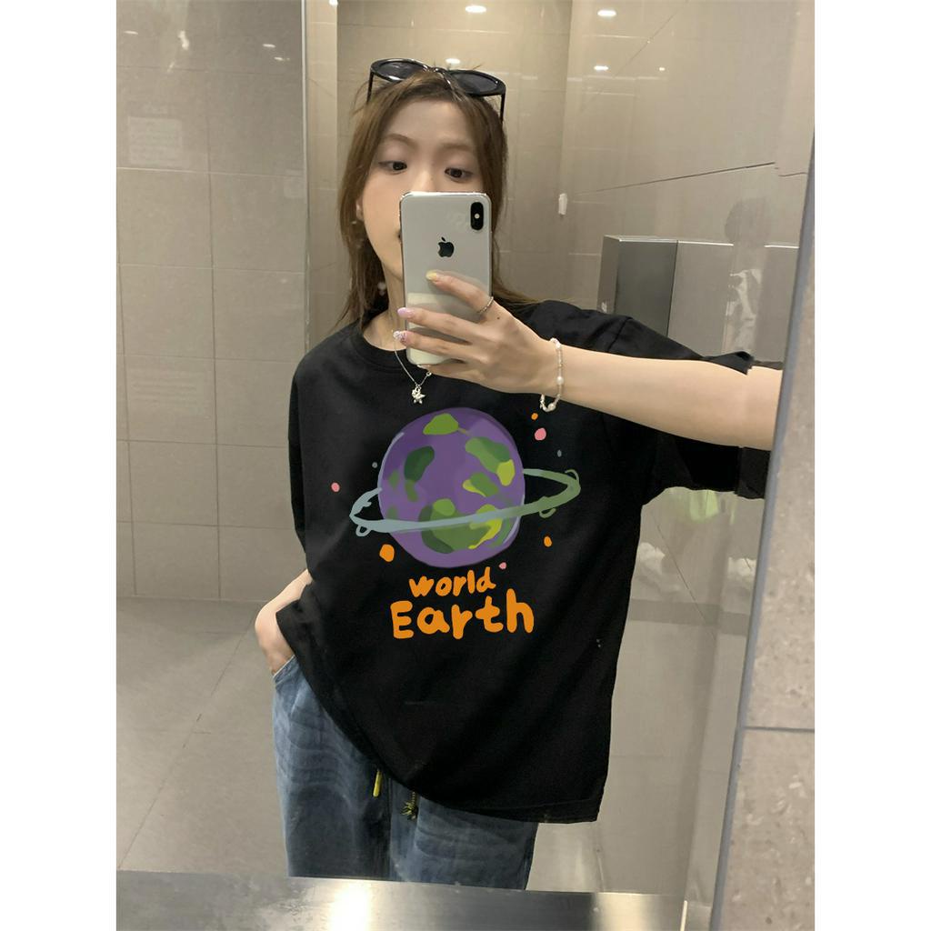 EUNII T-shirt Lengan Pendek Cartoon Earth World Korean Style/Kaos Atasan Wanita/Baju Kaus Oversize Wanita/Kaos Wanita