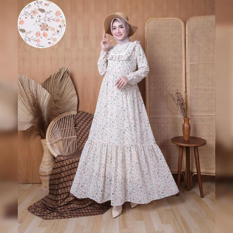 Nura Collection Official - Nuriel Shop - Baju Gamis Wanita Terbaru - Gamis Bahan Ceruty - Laluna-CREAM
