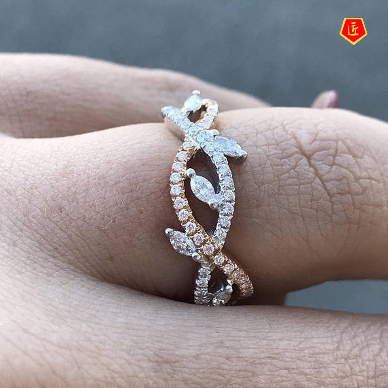 [Ready Stock]Twisted String Leaf Shaped Diamond-Studded Ring 14K Rose Gold