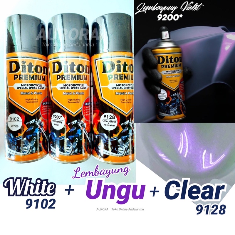 PAKET Diton Premium Lembayung Violet 9200 + White 9102 + Clear 9128 / Cat Putih Ungu Vernis Gloss Me