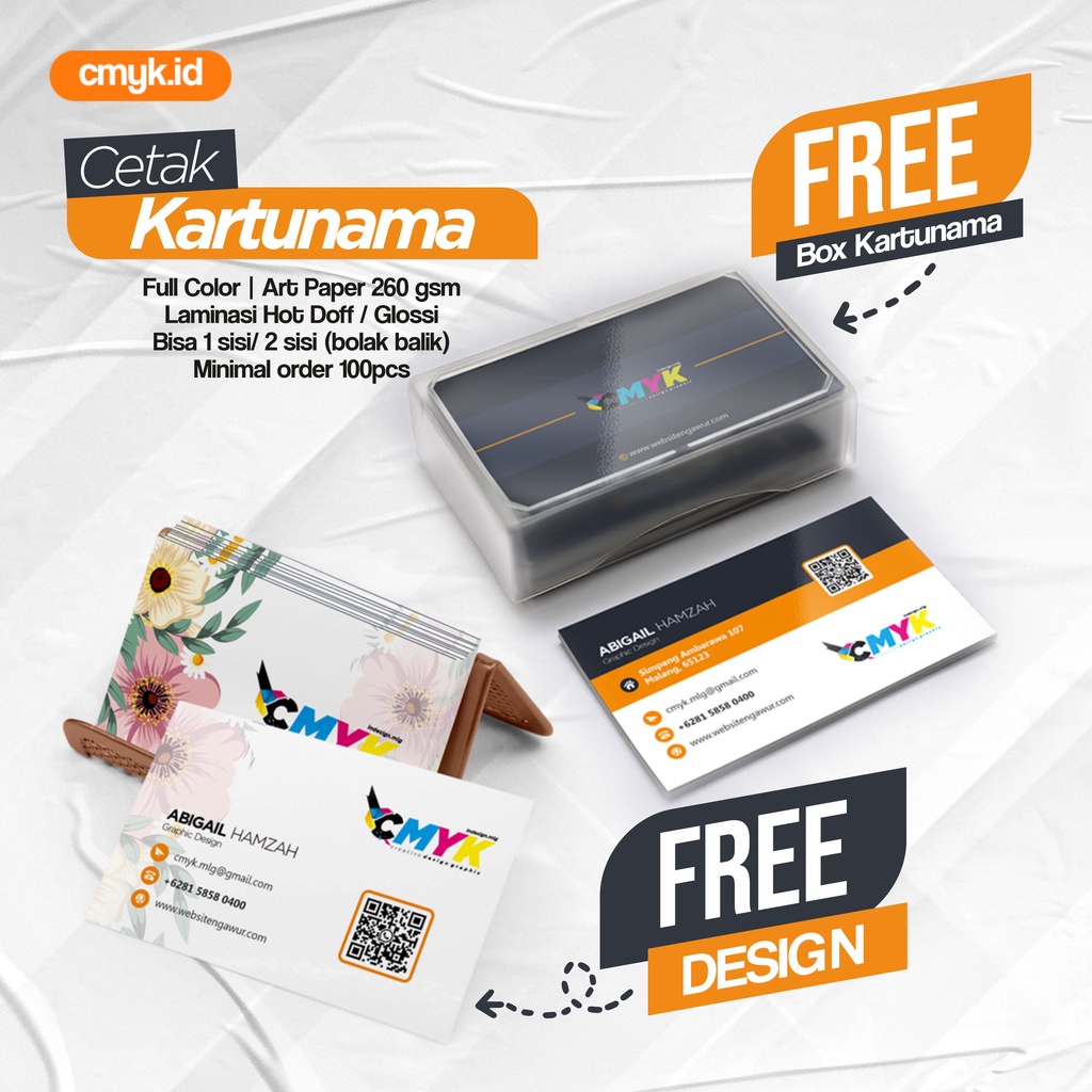 Cetak Kartu Nama Free Design Laminasi Doff/ Glossy Art Paper 260/ Fancy Paper High Quality