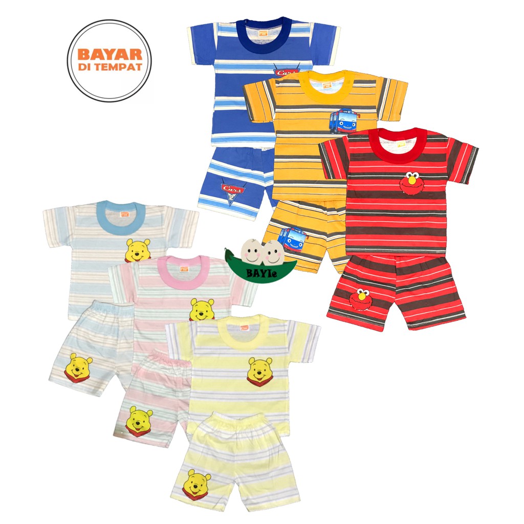 Bayie - 3 SET Setelan Pendek Kaos Oblong Bayi/Anak Laki-laki/Perempuan STRIP PROTO 3-12 bulan