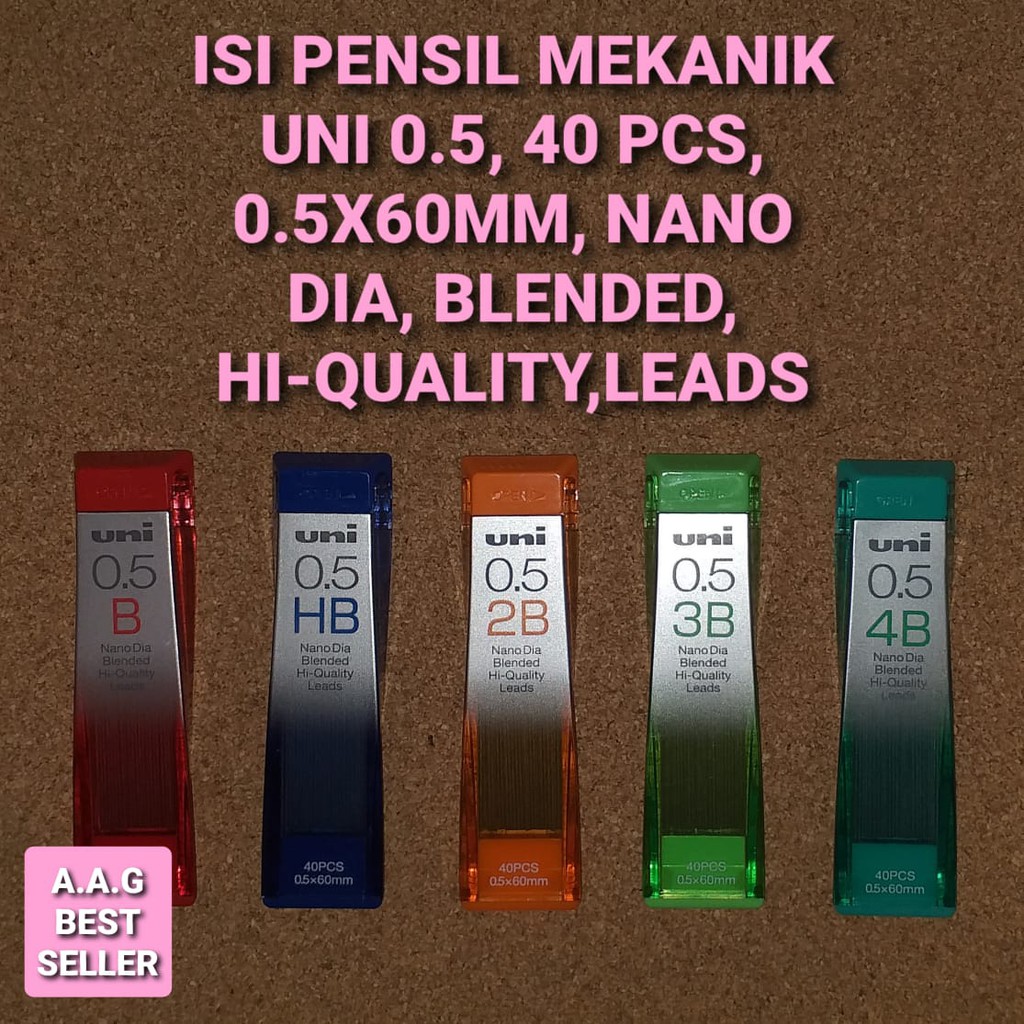 

ISI PENSIL MEKANIK UNI 0.5, 40 PCS, 0.5X60MM, NANO DIA, BLENDED, HI-QUALITY,LEADS