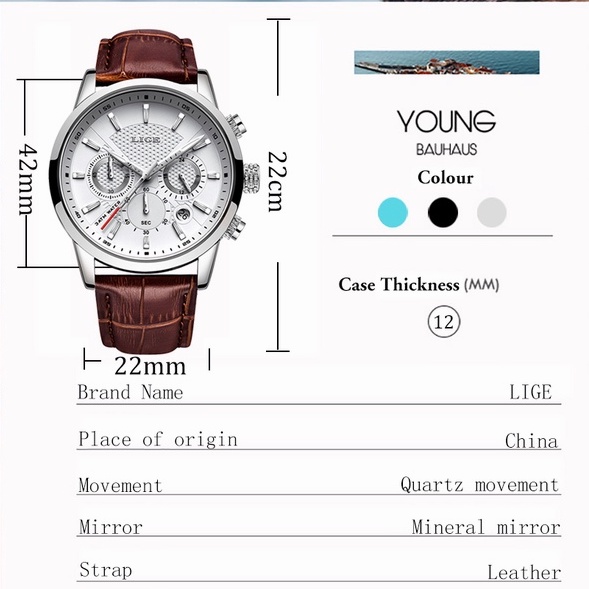 LIGE 9866 Jam Tangan Pria Anti air Fashion Chronograph Kulit Kuarsa Analog Jam Tangan + Kotak